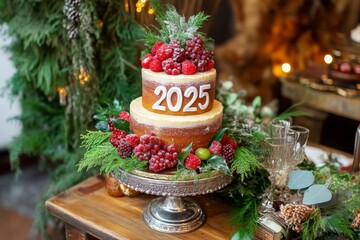 Elegant New Year's Cake Decorated with Fresh Berries and Greenery for Celebrating the Arrival of 2025 in a Cozy Festive Setting