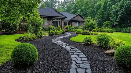 A winding stone pathway leads to a home with lush landscaping in a suburban setting.