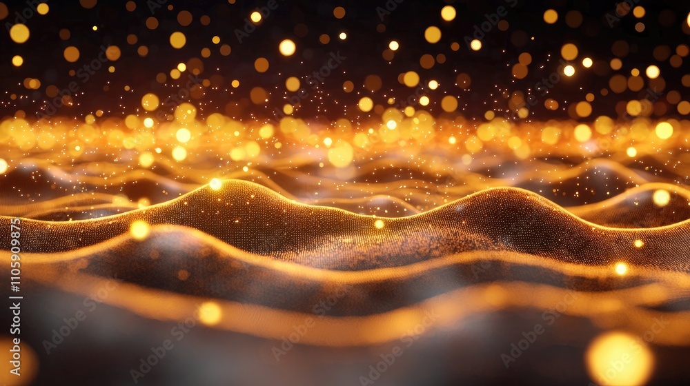 Poster an abstract visualization of glimmering waves with sparkling particles representing light and textur