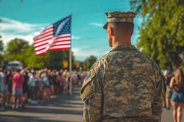In a heartfelt ceremony, a soldier dressed in camouflage uniform stands with dignity in front of the American flag, as a nearby crowd observes.