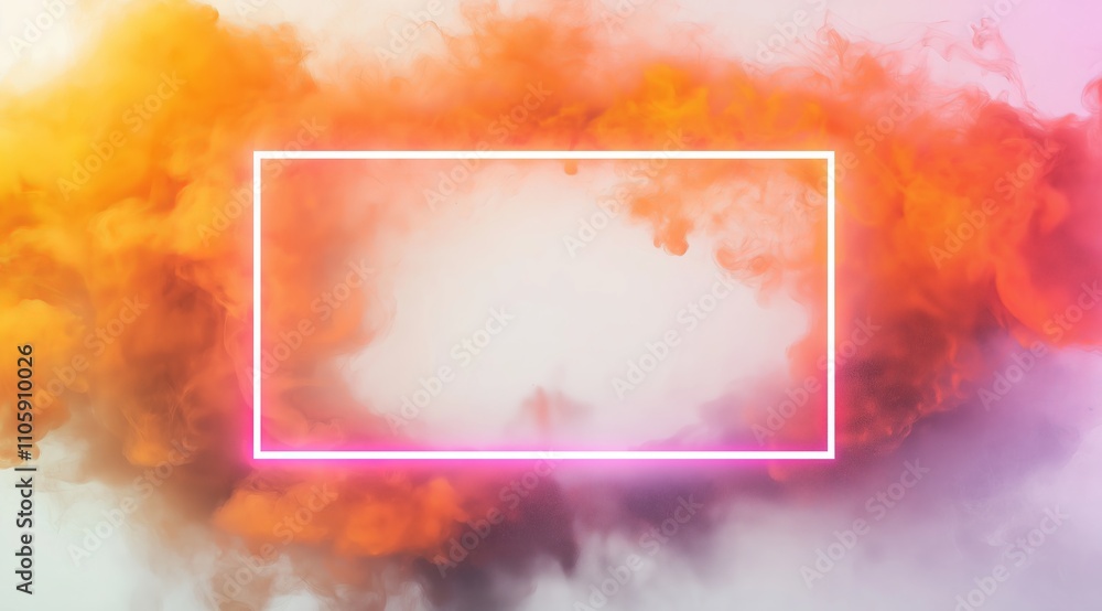 Poster a rectangular neon wide frame on a white background, surrounded by colorful smoke. background with p