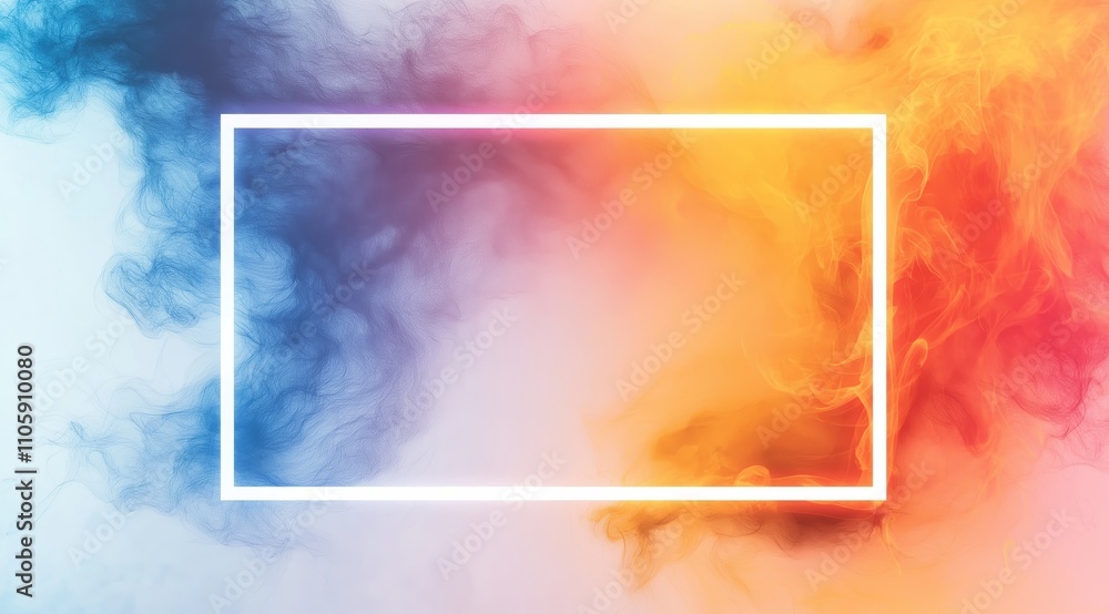 Poster a rectangular neon wide frame on a white background, surrounded by colorful smoke. background with p