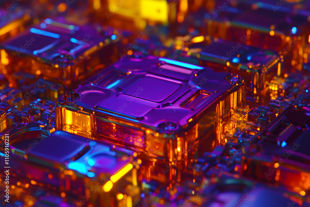 Poster abstract close-up of vibrant, glowing circuit board components. intricate details and colorful light