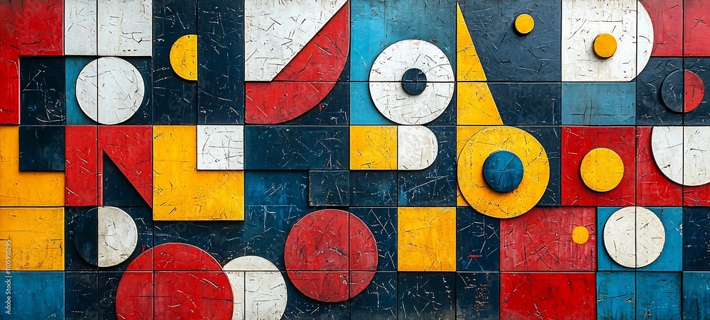 Poster vibrant geometric abstract composition with overlapping shapes and primary colors in style backgroun