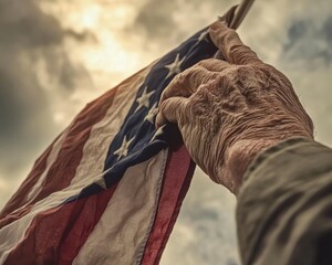 Close-up of a weathered elderly hand gripping an American flag, symbolizing patriotism and resilience, with a cloudy sky backdrop.