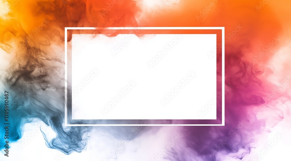 Aufkleber a rectangular neon wide frame on a white background, surrounded by colorful smoke. background with p