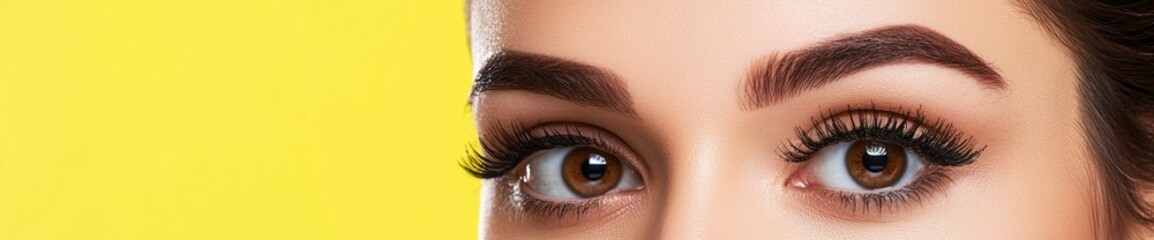 Obraz premium Close-up of a model highlighting perfect eyebrows and long eyelashes, showcasing the results of beauty treatments against a vibrant yellow backdrop