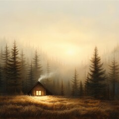 Serene cabin in misty forest at sunrise.