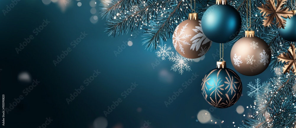 Poster elegant christmas ornaments decorated with snowflakes are hanging from pine branches on a teal backg