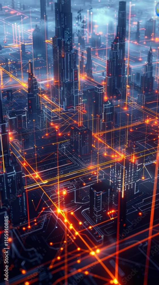Poster a futuristic cityscape with glowing lines and tall structures, creating a vibrant, tech-inspired atm