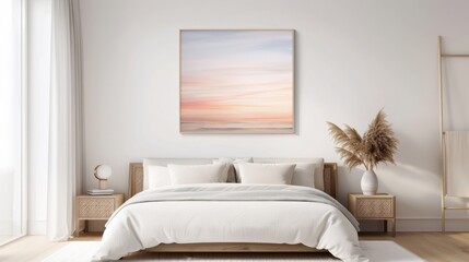 Serene bedroom with calming art and decor.