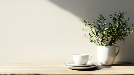 Minimalistic scene with a white mug and plant on a wooden table, creating a serene and cozy atmosphere with natural light.
