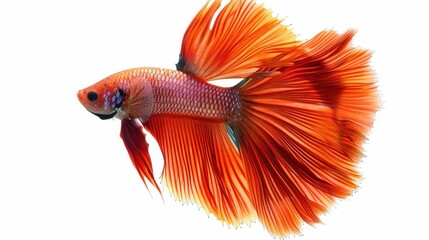 Fototapeta premium A vibrant orange betta fish showcasing elaborate fins and a graceful swim, set against a clean white background.