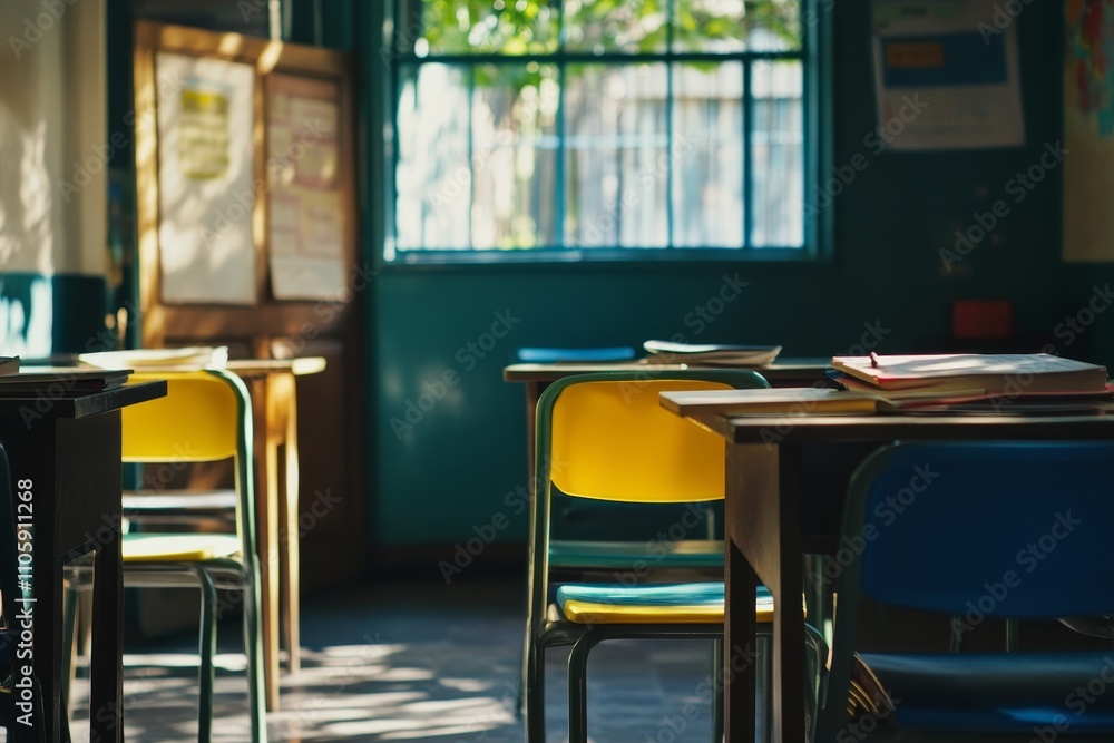 Poster empty classroom with colorful chairs and natural light shining through windows, creating a bright an