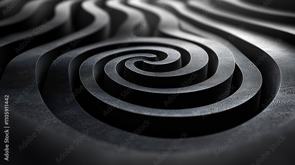 Poster mesmerizing monochrome geometric spiral layered circular patterns create hypnotic tunnel effect