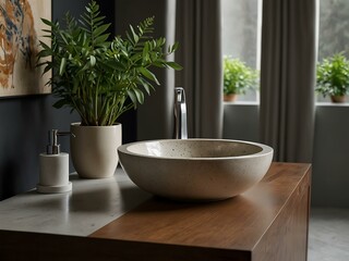 Fototapeta premium Decorative round sink on counter with nearby plants.