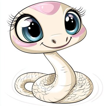 Cute baby snake cartoon with big blue eyes and long eyelashes smiles happily on a white background, perfect for adding whimsical magic to any design project