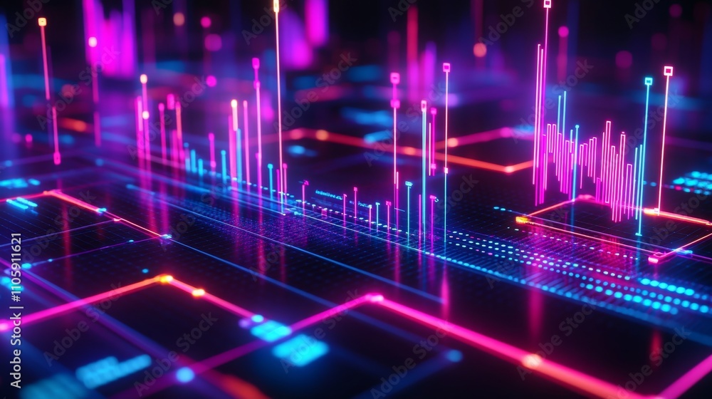 Poster colorful glowing lines representing data analysis and predictive trends