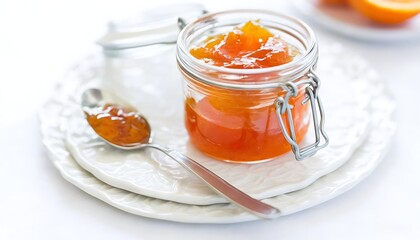 Delicious details of orange marmalade in a sleek glass jar
