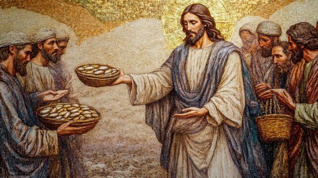 Jesus Distributing Food in Religious Artwork