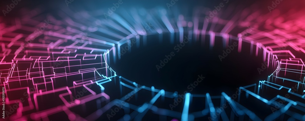 Poster mesmerizing black hole amidst neon digital patterns - intricate luminescent design with depth and my