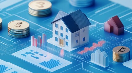 Real Estate Market Analysis with Property Icons and Financial Data