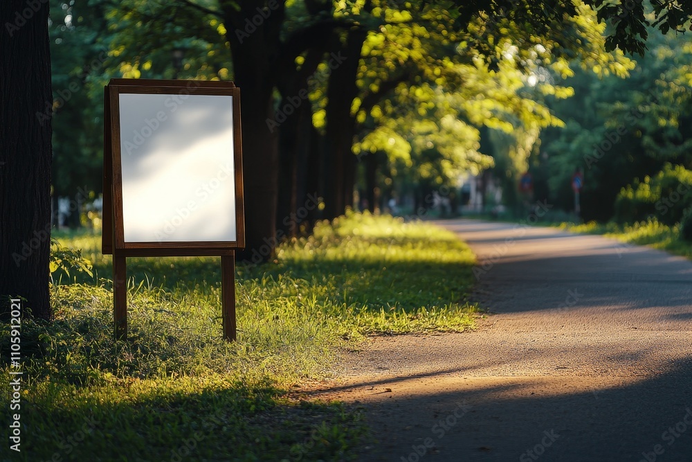 Poster empty wooden signboard surrounded by lush green trees and pathway in a serene park setting at sunris