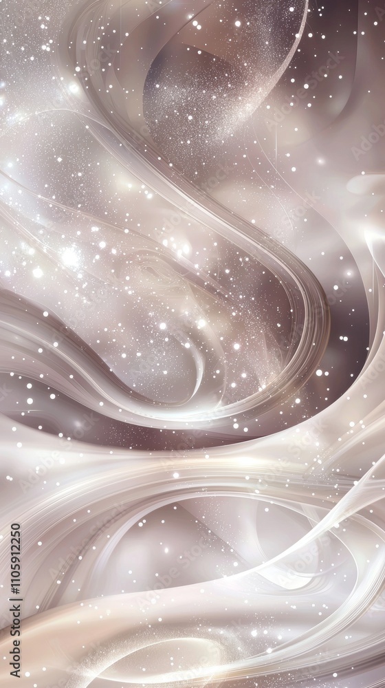 Poster abstract beige background features elegant waving lines and glittering particles, creating a luxurio