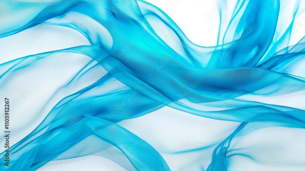 Poster smooth elegant light blue transparent fabric flowing on white background forms beautiful wavy folds 