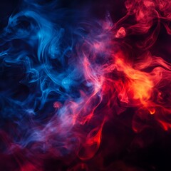 Luminous red and blue smoke swirling in an abstract composition.