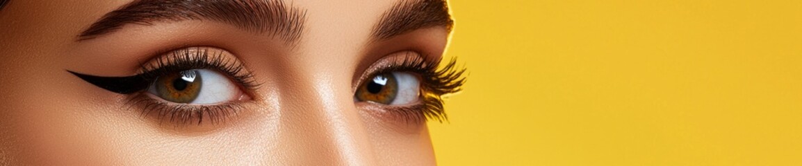 Obraz premium Close-up of a woman's eyes with eyeliner makeup, highlighting the beauty and artistry of eye cosmetics against a vibrant yellow backdrop