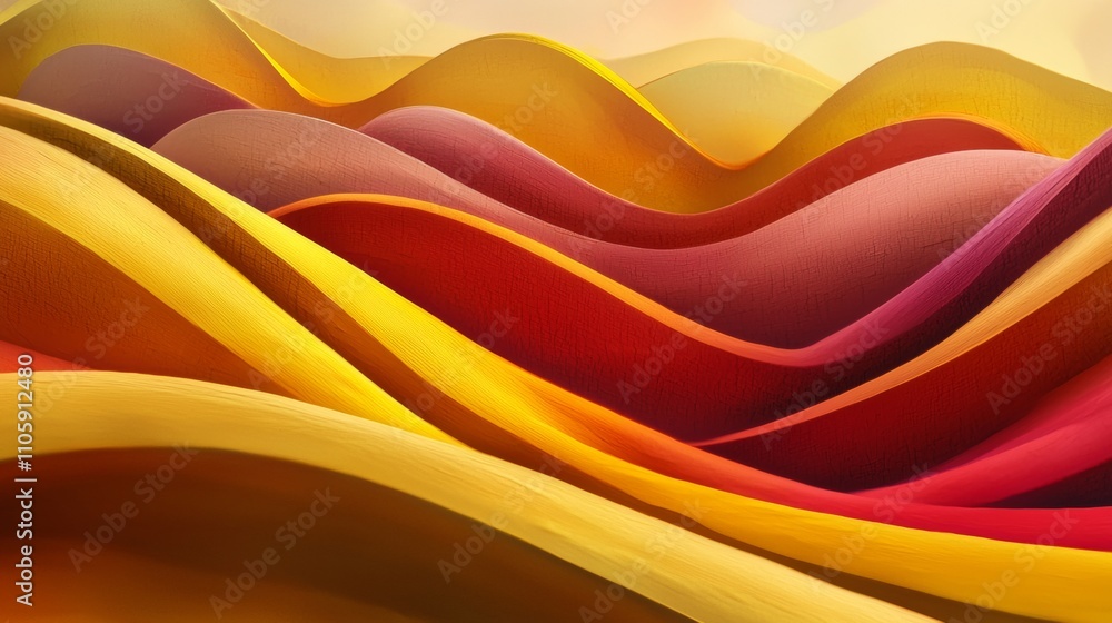 Poster smooth curves and lines form an abstract landscape, featuring a gradient of warm colors ranging from
