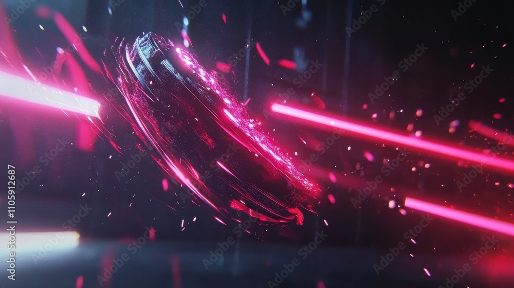 Poster futuristic circular object surrounded by bright pink laser beams and particles in a dark background 