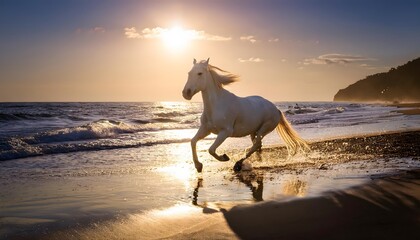 Majestic white horse galloping along the sandy beach at sunset with ocean waves crashing in the background