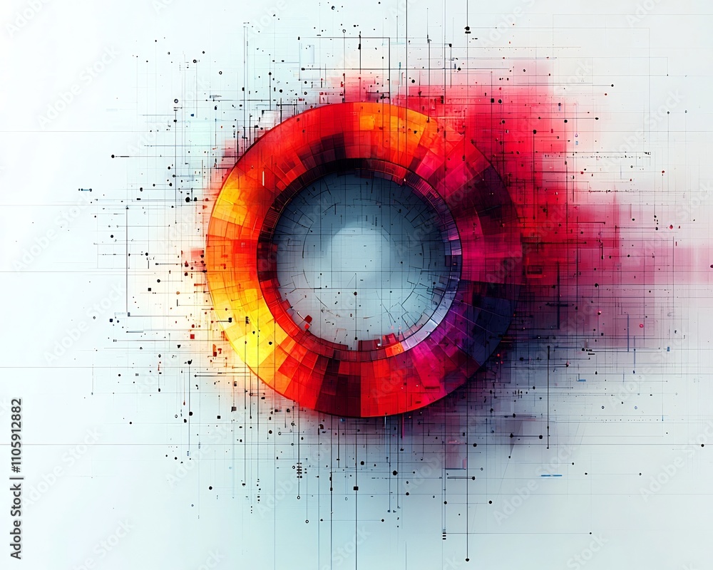 Aufkleber abstract geometric design with concentric circles and radial lines in vibrant contrasting colors