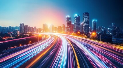 Fototapeta premium Cityscape at Dusk Showing Traffic Light Trails