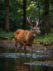 Obraz premium Deer drinking from a quiet stream in the forest.