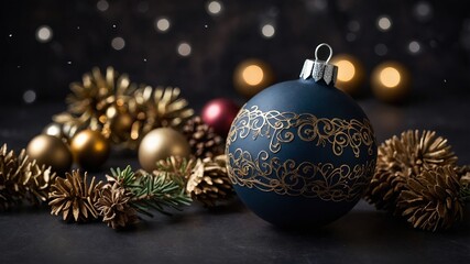 Adorno navideño con bola azul con patrones dorados y bolas doradas con piñas decorativas. Postal Navideña
