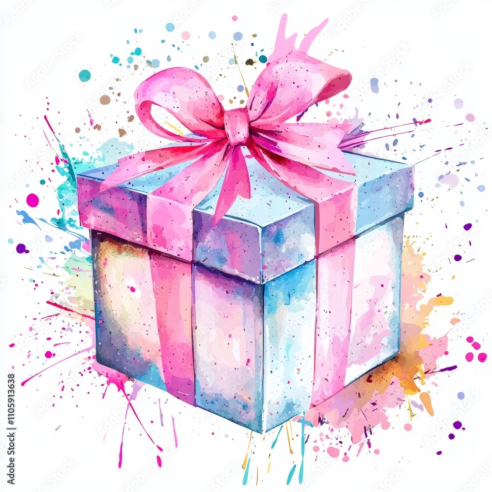 Poster pastel colored gift box wrapped with a pink ribbon and bow exploding with colorful watercolor splash