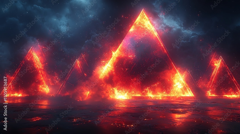 Poster vibrant neon triangular explosion glowing abstract geometric digital art background