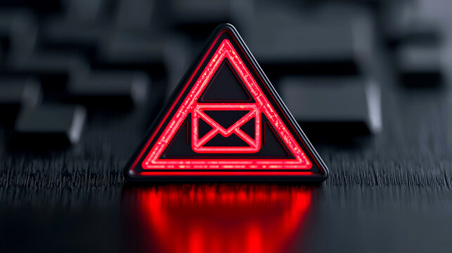 Red warning triangle with envelope symbol illuminates on dark surface, signaling digital communication alert.