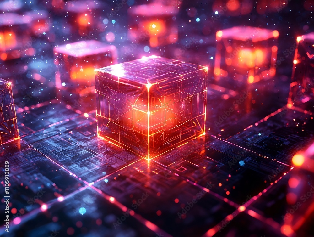 Poster mesmerizing futuristic geometric cube metallic structure with glowing neon grid lines