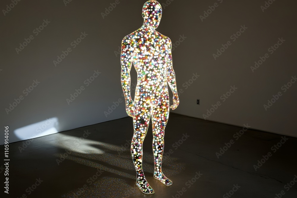 Poster Ethereal Sculpture of Figure Made with Colorful Lights and Patterns Illuminating the Space with Unique Visual Impact and Artistic Expression