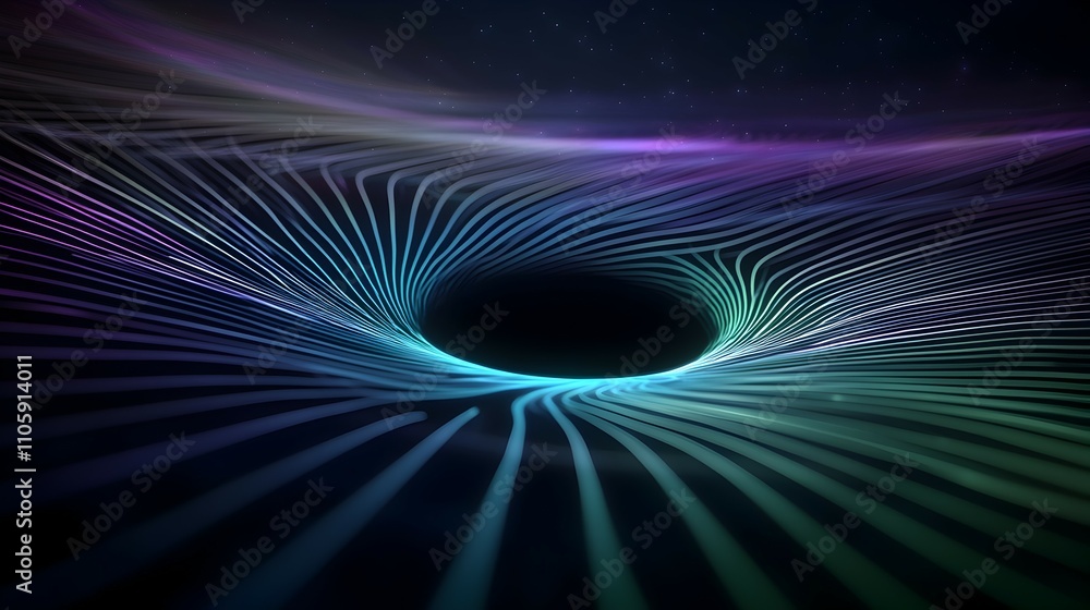 Poster mesmerizing cosmic black hole with digital patterns and neon glows - intricate flowing lines in blue