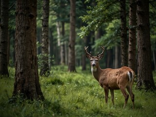 Obraz premium Deer peacefully grazing in the forest.
