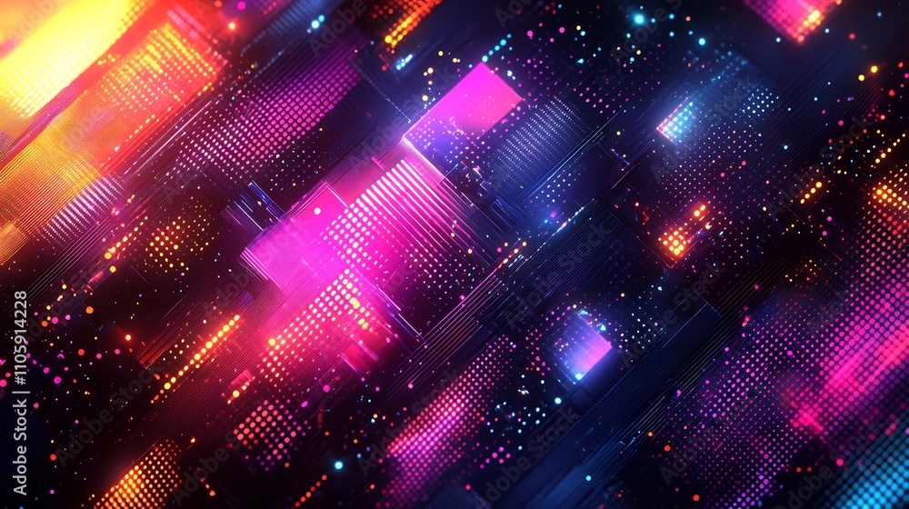 Poster retro geometric abstract neon futuristic background with dynamic angular synthwave patterns