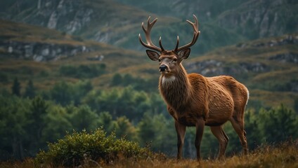 Fototapeta premium Deer standing majestically in the mountains.