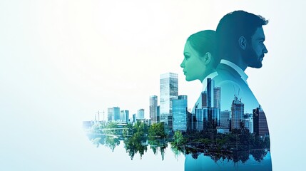 Obraz premium Double Exposure of Confident Businessman and Businesswoman Against Urban Landscape, Symbolizing Ambition, Career Growth, and Collaboration in Modern Environment
