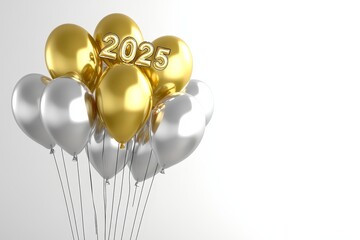 Festive Collection of Gold and Silver Balloons Celebrating the New Year 2025 with Decorative Design Elements for Celebrations and Events