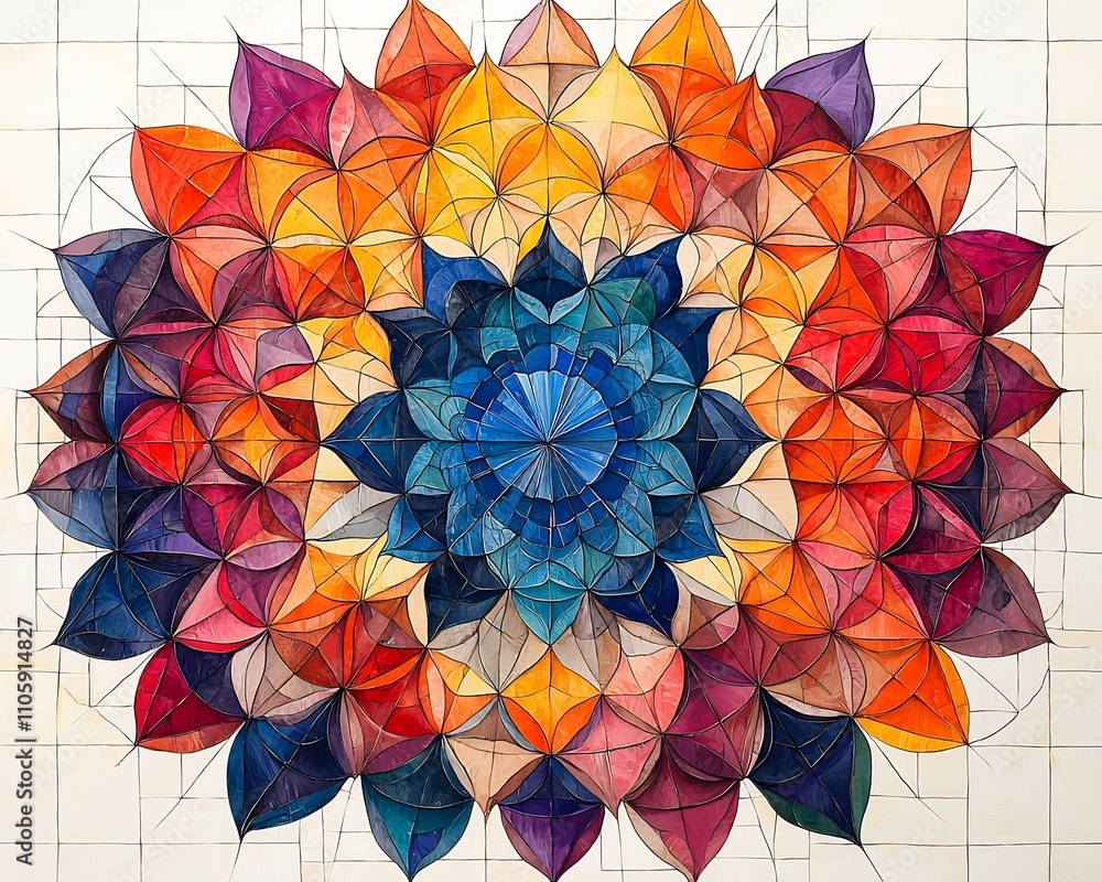 Poster captivating kaleidoscopic geometry a vibrant radial pattern of abstract shapes and colors